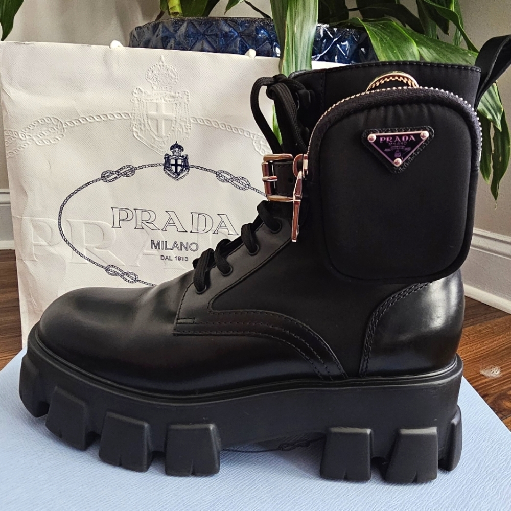 Prada Monolith brushed leather and nylon boots with pouch